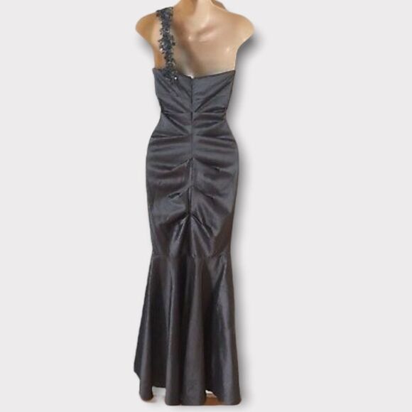 XSCAPE BY JOANNA CHEN Pewter Gray Ruched One Shoulder‎ Mermaid Prom Gown Dress 4 - Picture 2 of 15
